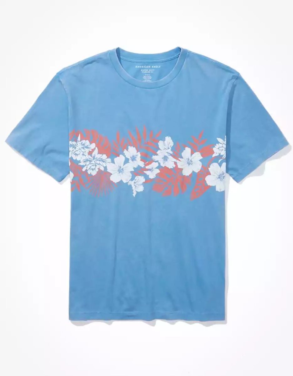 T Shirts American Eagle AE Super Soft Floral Bleu Homme | ABW-86019847